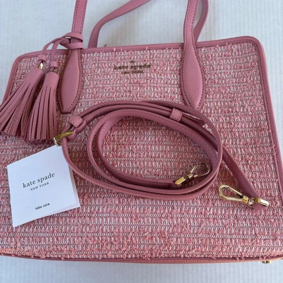 Kate Spade Rowe Summer Tweed Pink Raffia Leather Medium Satchel Bag NEW - Picture 9 of 16